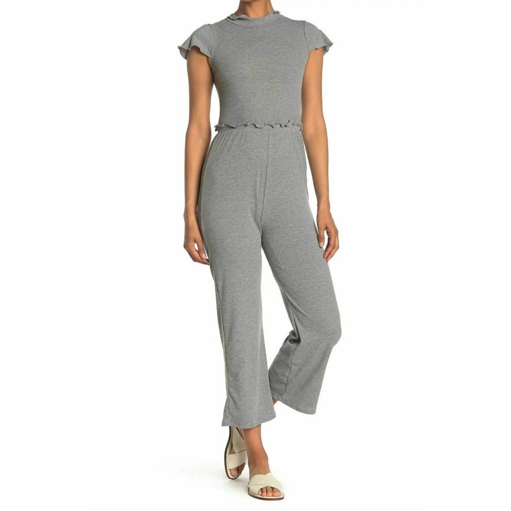Velvet Torch Women's Ribbed Heather Short Sleeve Cropped Jumpsuit Gray XS, NWT